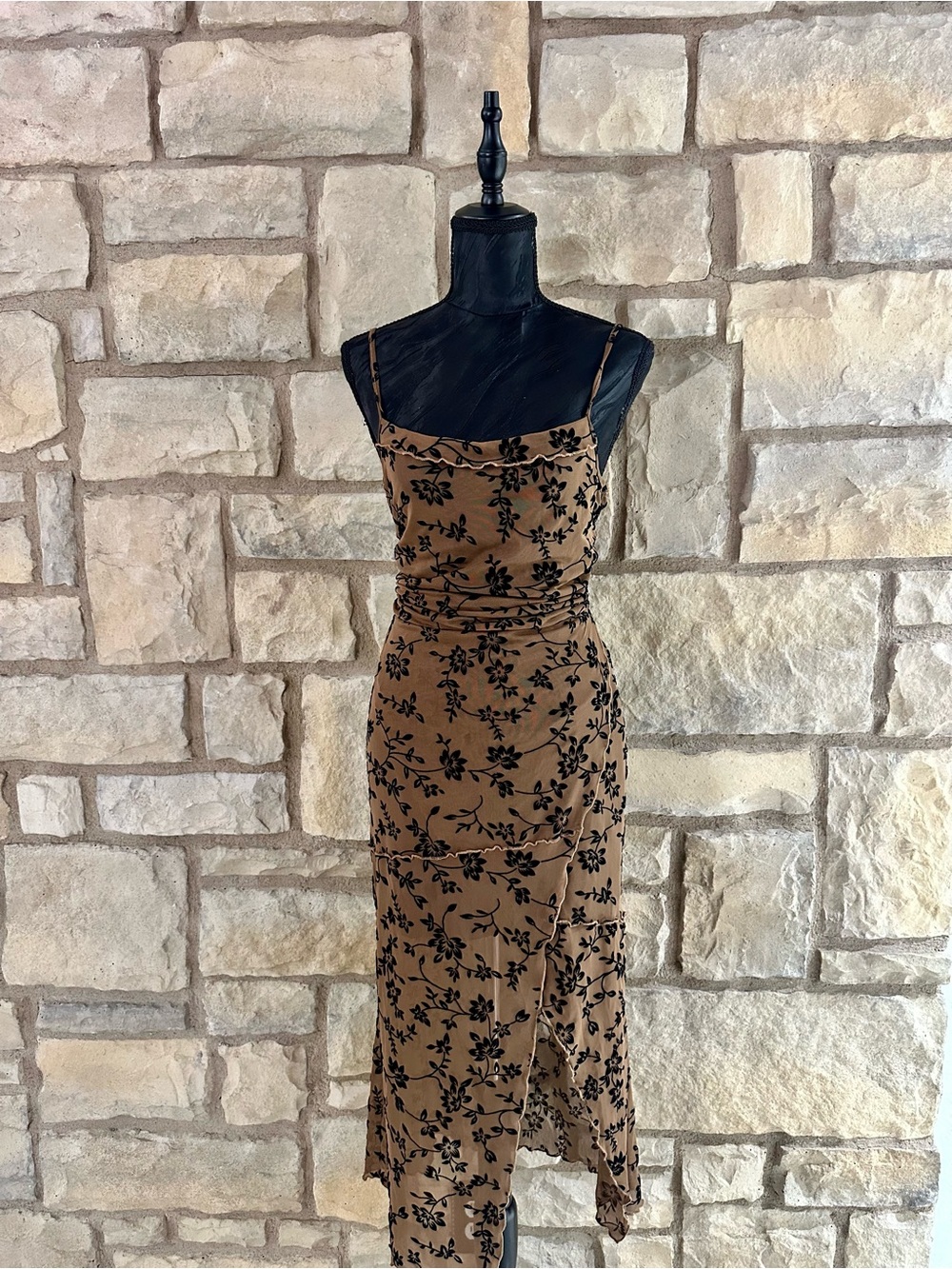 Brown Floral Slip Midi Dress with Spaghetti Straps